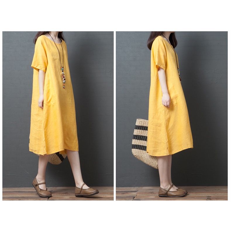 Đầm linen suông cổ tròn đai rời trẻ trung, thời trang trẻ, phong cách hàn
