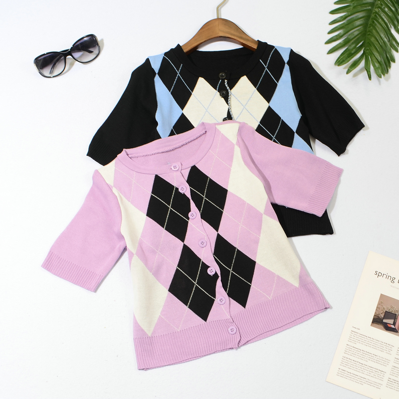 Áo lửng tay ngắn in họa tiết caro phong cách quyến rũ cho nữ