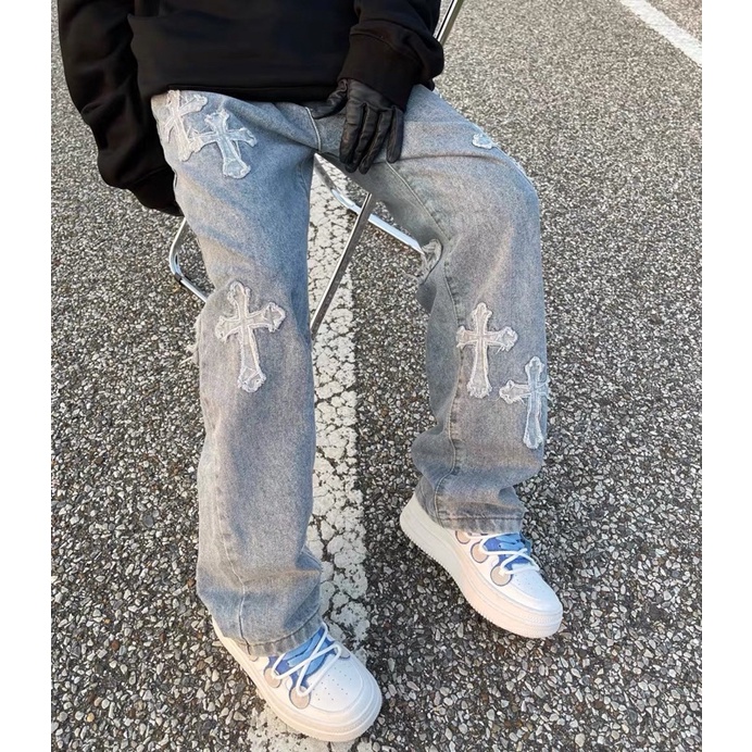 QUẦN BAGGY JEASN THÊU CHỮ THẬP,QUẦN JEANS ỐNG RỘNG UNISEX NAM VÀ NỮ