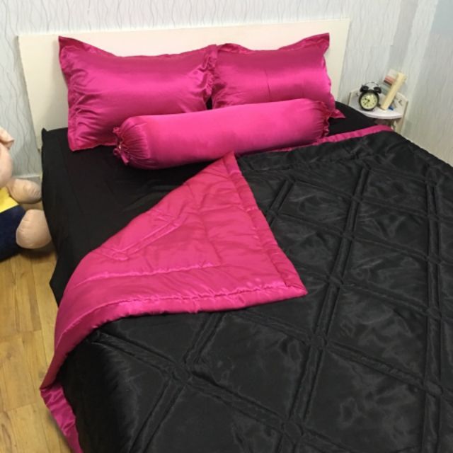 Bộ chăn ga và vỏ gối phi lụa cao cấp phối màu hồng và đen (drap phi lụa)