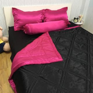 Bộ chăn ga và vỏ gối phi lụa cao cấp phối màu hồng và đen (drap phi lụa)