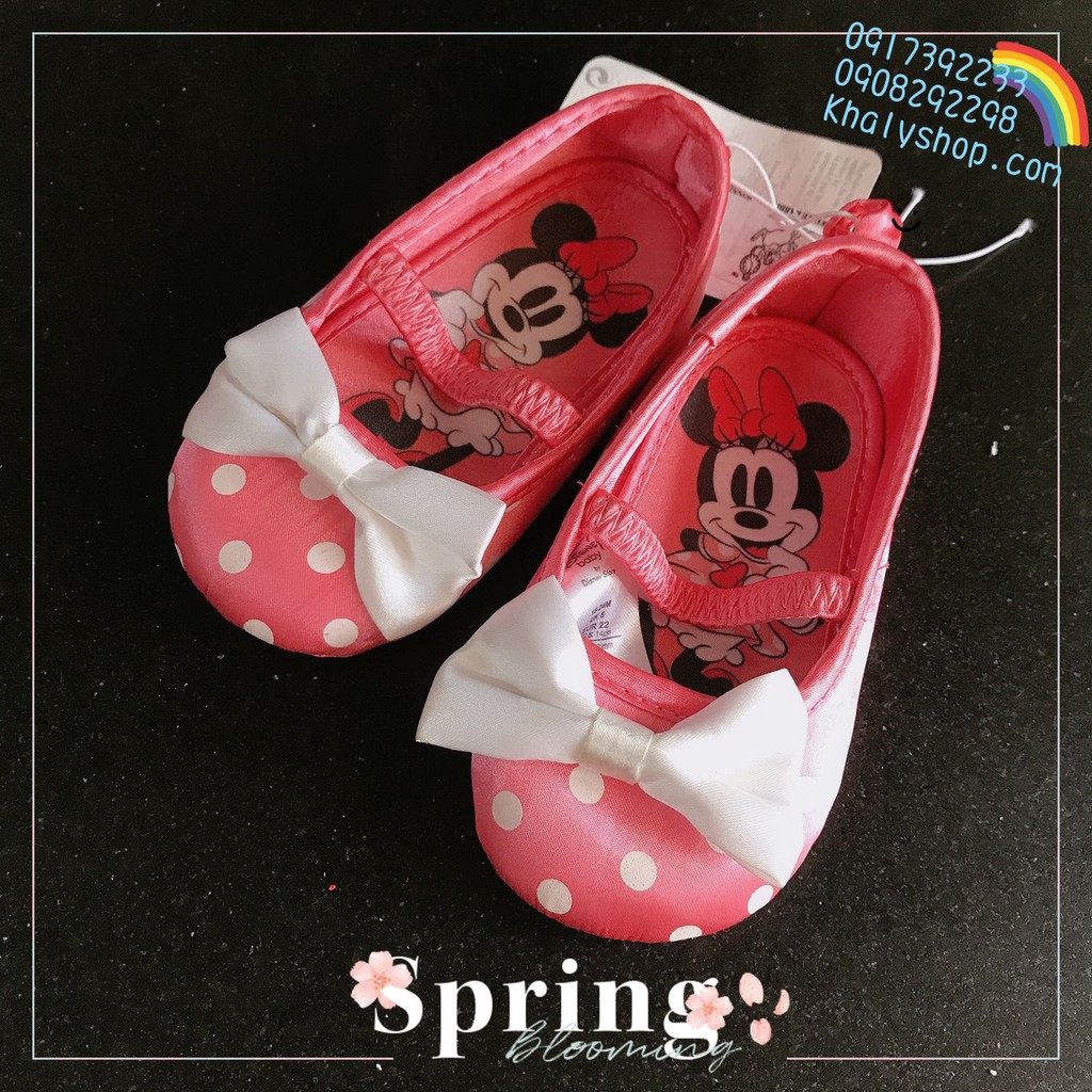 (Sale hàng trưng bày) Giày bít vải siêu nhẹ cho bé gái màu hồng nơ chấm bi hình chuột Minnie siêu xinh size 21 (Disney)