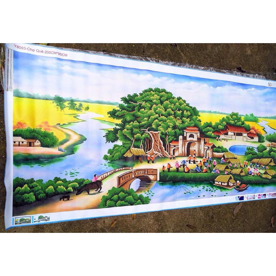 Tranh đính đá phong cảnh làng quê khổ lớn 200x95cm, 160x75cm, 130x65cm