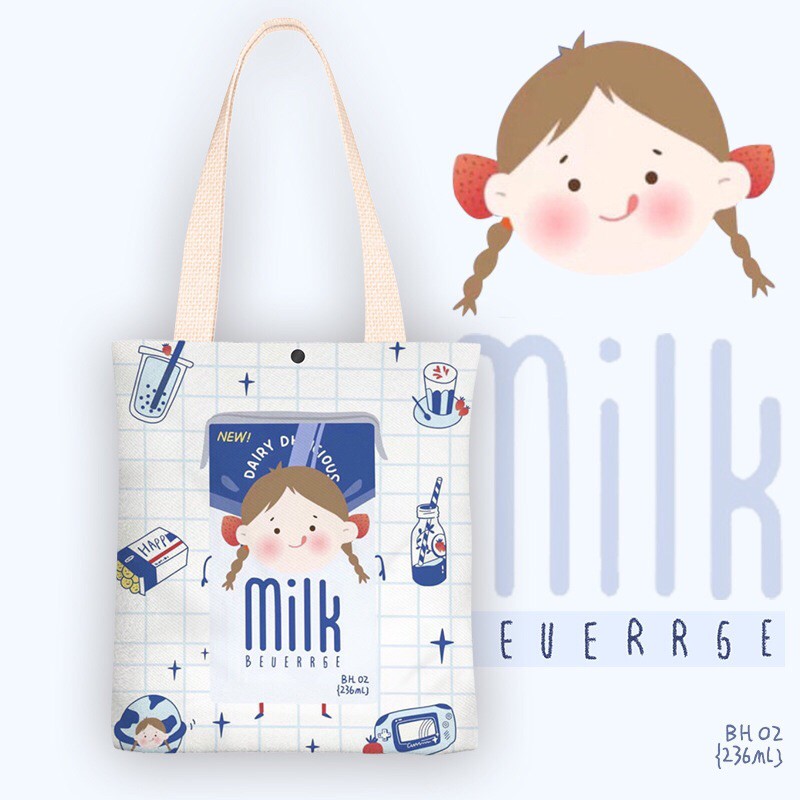 [Mã FASHIONT4WA2 giảm 10K đơn 50K] Túi Tote vải Canvas Hình Cô Bé Sữa Milk đáng yêu trên nền vải trắng.