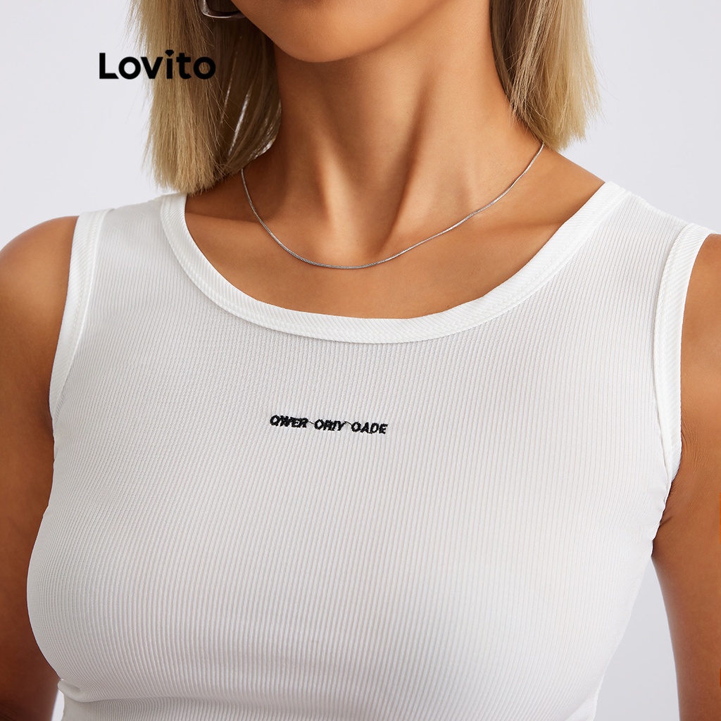 Áo Lovito hở vai in chữ dệt kim sọc gân kiểu thông thường L18X118 (Trắng)
