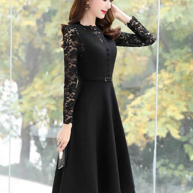 Đầm váy nữ trung niên dự tiệc dạo phố dài tay phối ren màu đen đỏ lịch lãm