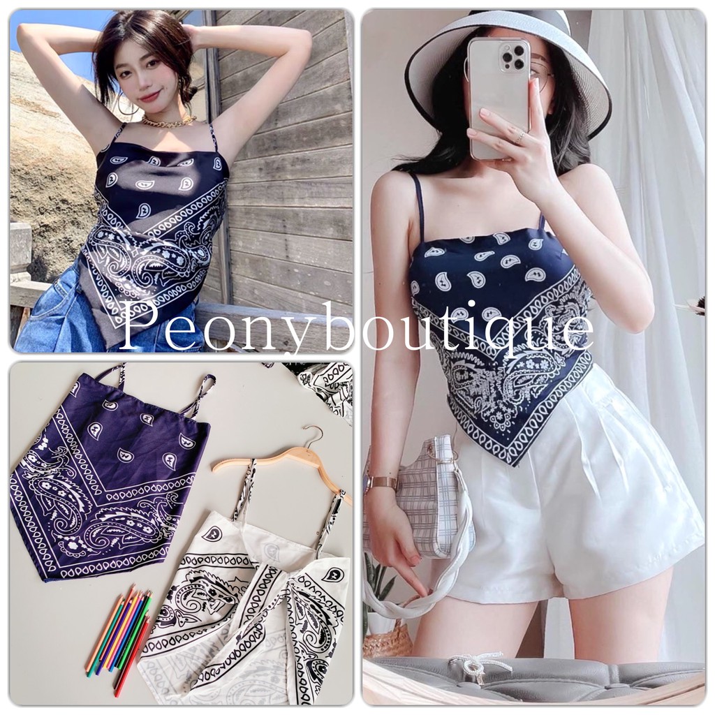 Áo Yếm Thổ Cẩm 1 Lớp PEONYB Nữ [FREESHIP] 🌸 Croptop 2 dây mặc đi biển họa tiết vintage bánh bèo, thun cá tính Ulzzang 🌸