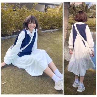 Set váy babydoll kèm áo gile, set váy ulzzang dáng dài mix áo gile xanh