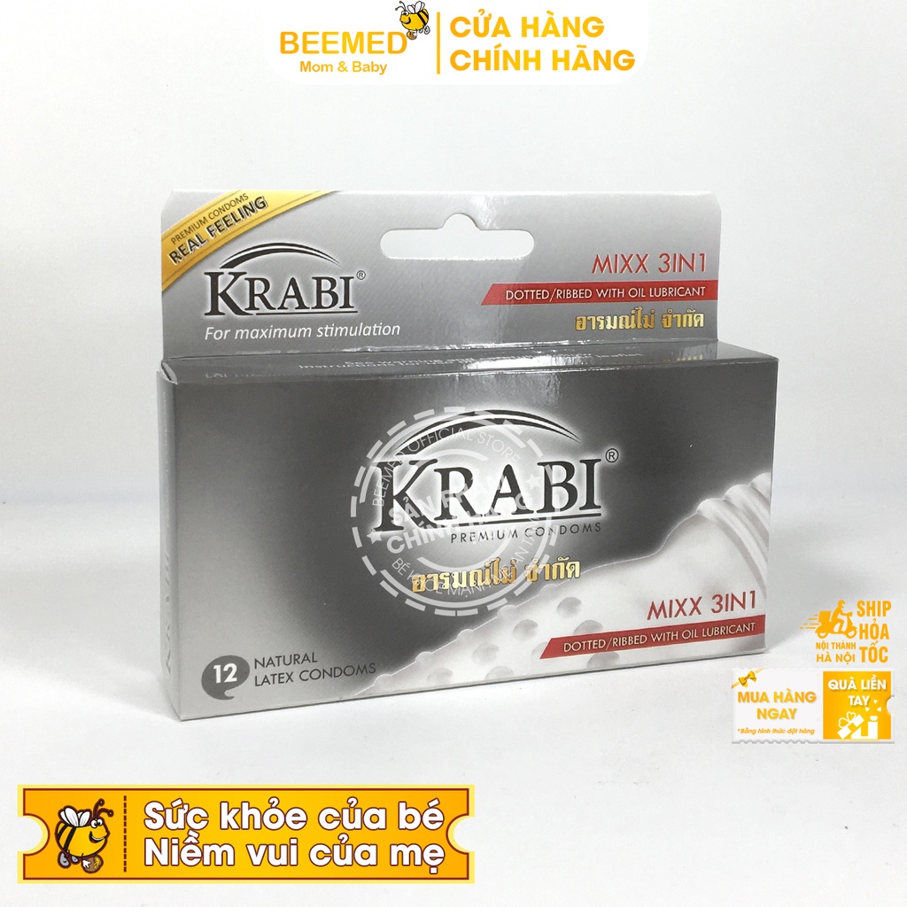 Bao cao su Krabi - bcs gân gai siêu mỏng, kéo dài thời gian và bôi trơn, 49mm đôn dên - Hộp 12 chiếc condom từ Thái Lan