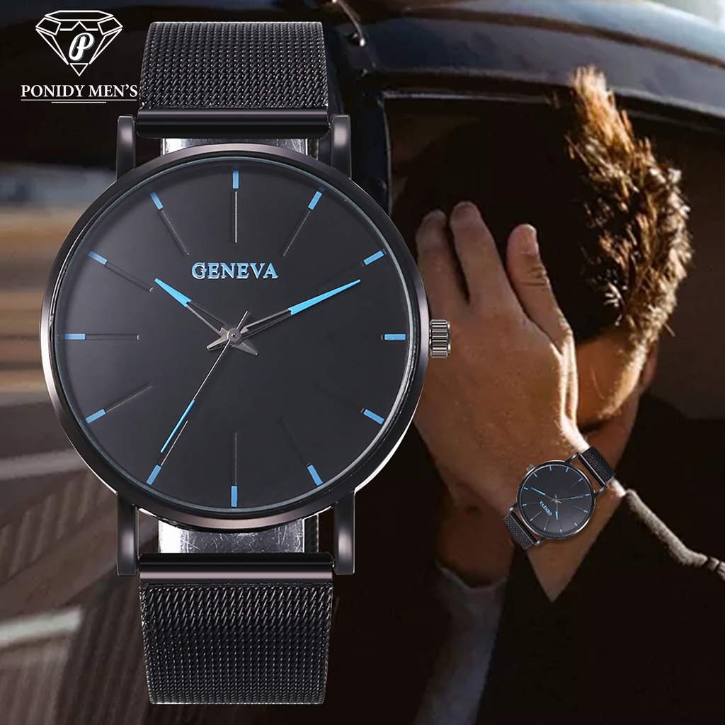 Đồng Hồ Nam Geneva Dây Thép Lưới Không Gỉ Phong Cách, Lịch Lãm
