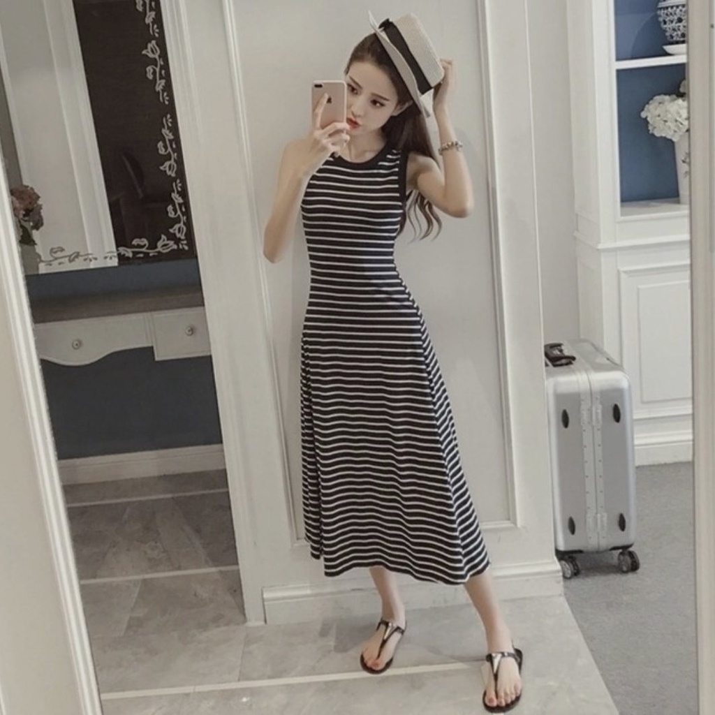 Đầm Thun Kẻ Sát Nách Dáng Dài Chất Cotton Mềm Mịn Mặc Thoải Mái | BigBuy360 - bigbuy360.vn