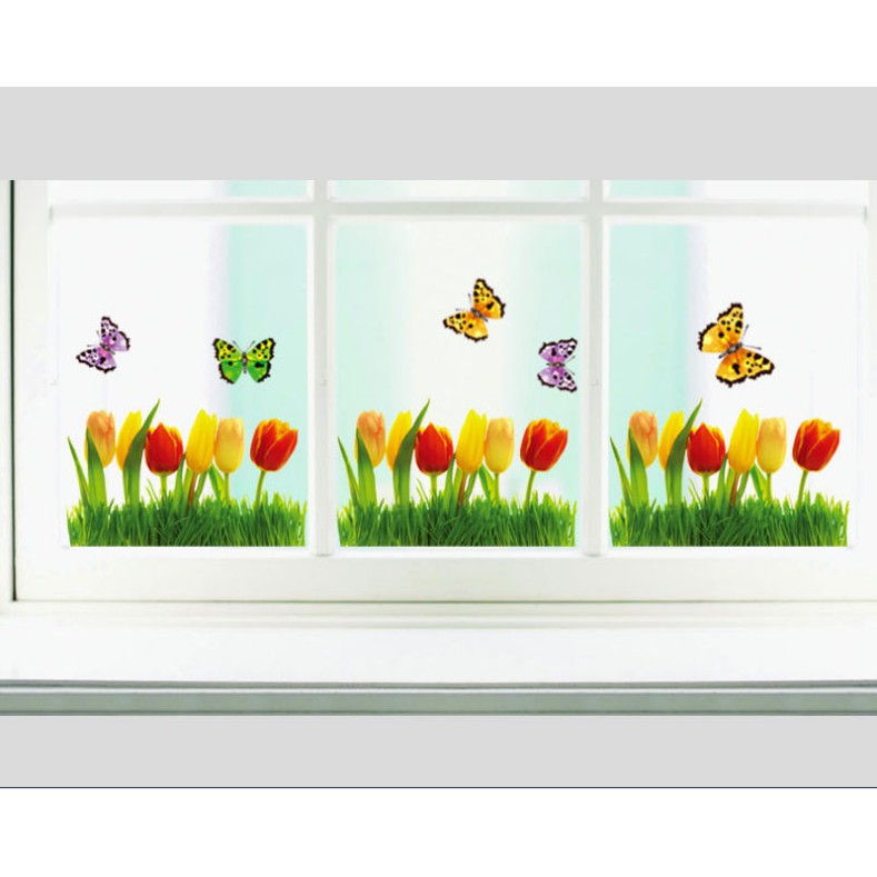 Decal trang trí chân tường Hoa Tulip sắc màu cùng Bướm