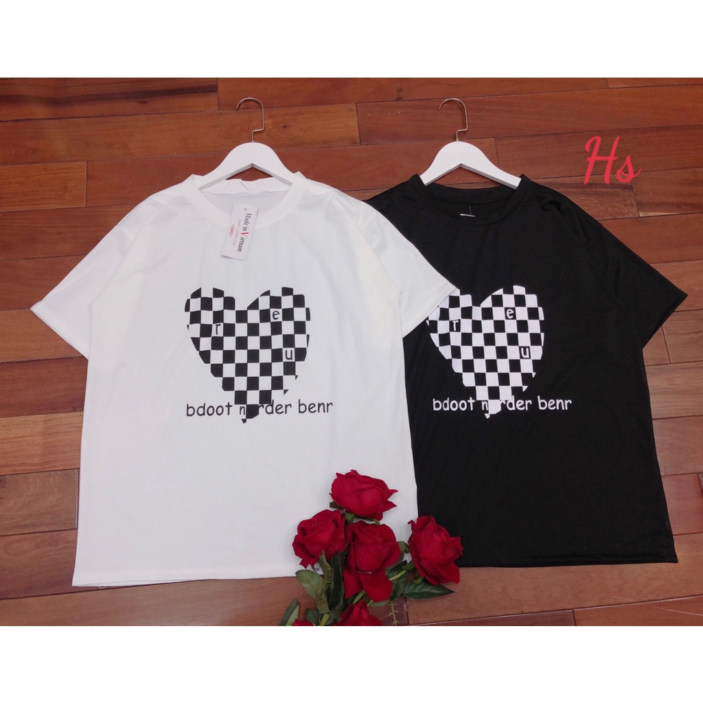 Áo Phông Trái Tim Ô Vuông Unisex Áo Thun Nữ Cộc Tay Cổ Tròn Dáng Rộng In Hình 2 Màu