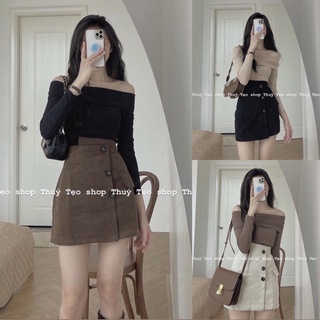  Set áo trễ vai chân váy nhung tăm cạp cao cúc lệch - Chân váy Quảng châu loại 1 