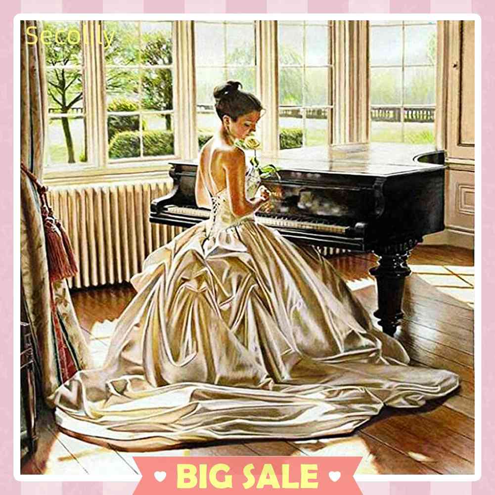 Tranh Thêu Chữ Thập Thủ Công Hình Cô Gái Chơi Đàn Piano Treo Tường 11CT
