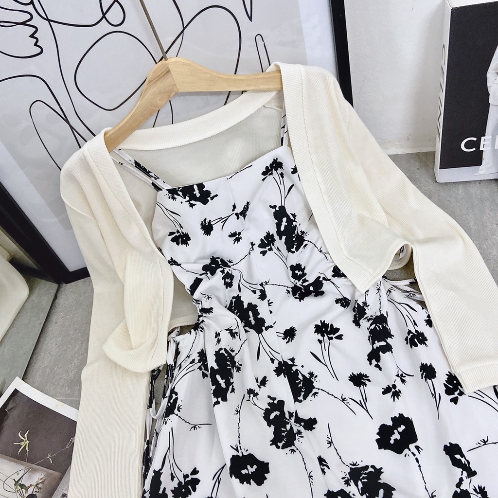 Set đầm midi hoa đen kèm khoác Rossy Fashion - SR195