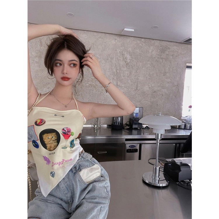 QKOOLE Áo yếm  in họa tiết xinh xắn phong cách Hàn Quốc dành cho nữ