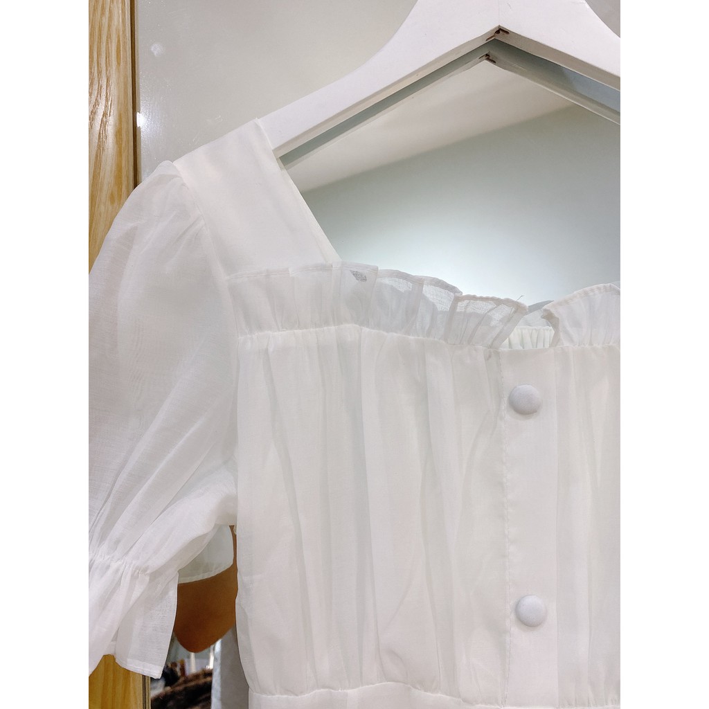 Váy voan trắng mới về cổ vuông bèo siêu đẹp - shop Quynhkool