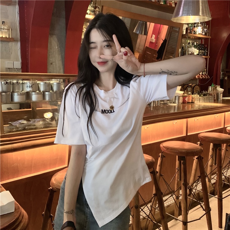 Áo Thun Tay Ngắn Cổ Tròn Thêu Họa Tiết Phong Cách Hàn Quốc Cho Nữ