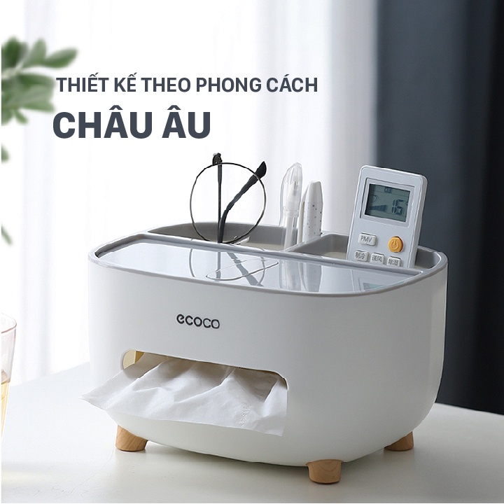 Hộp giấy ăn để bàn đa năng ECOCO 2 ngăn để điện thoại, mỹ phẩm, phụ kiện, nhựa PP an toàn sức khỏe E2009