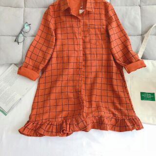 [THANH LÝ SHOP] Đầm sơ mi caro phom suông viền bèo