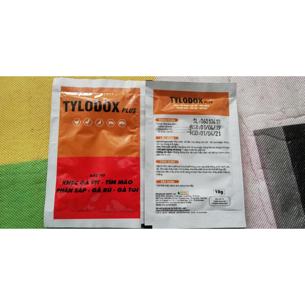 2 gói TYLODOX Plus 10g Đặc trị khẹc gà vịt, tím mào, phân sáp, gà rù, gà toi dung tốt cho gà chọi, gà đá, chim cảnh