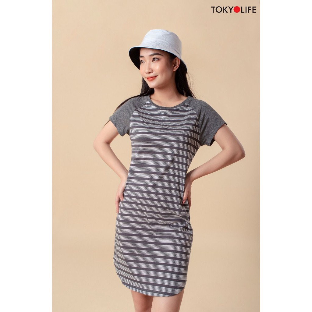Đầm Nữ kẻ ngang TOKYOLIFE phối tay dáng ôm I9DRE504G