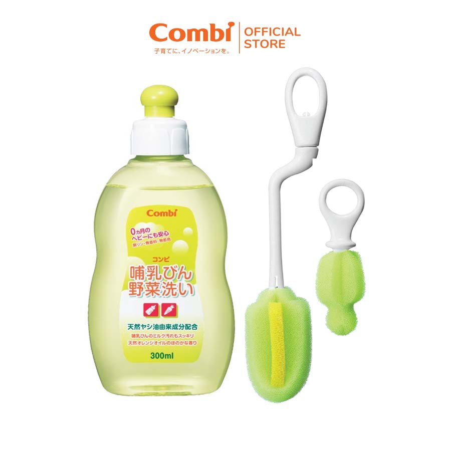 Dung dịch rửa bình sữa &amp; rau củ 300ml Combi + Bộ cây rửa bình sữa &amp; phụ kiện Combi