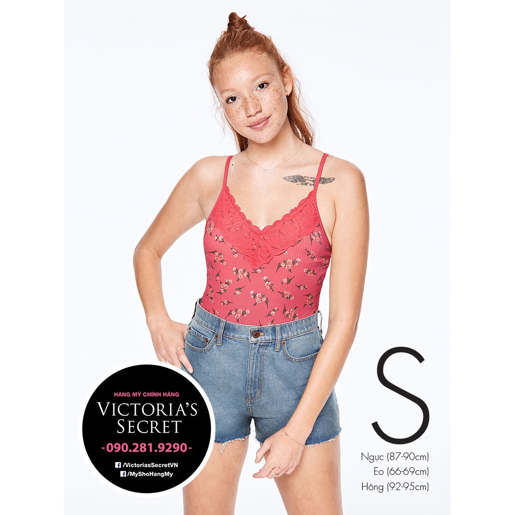 Size S - Áo liền quần bodysuit màu hồng cam phối hoa ren cực xinh, Coral Flowers - Hàng nhập Victoria's Secret USA