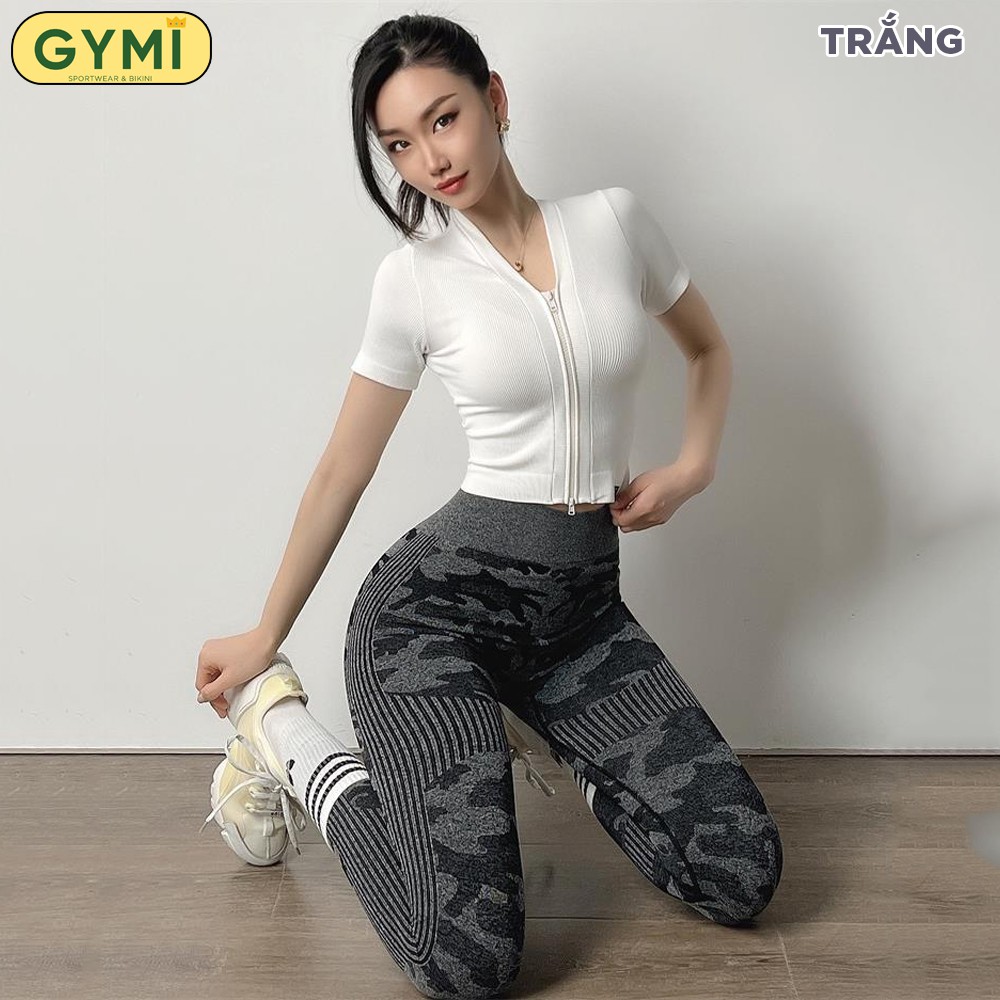 Áo tập gym yoga nữ GYMI AC21 dáng áo cộc ngắn tay chất thun gân có khoá kéo tập thể thao