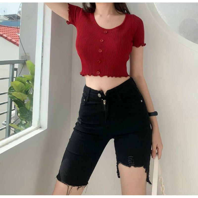 Áo Croptop Ngắn Nút Giữa Tay Ngắn Y Hình