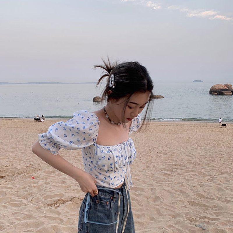 Áo IELGY ngắn tay cổ vuông in hoa thời trang cho nữ