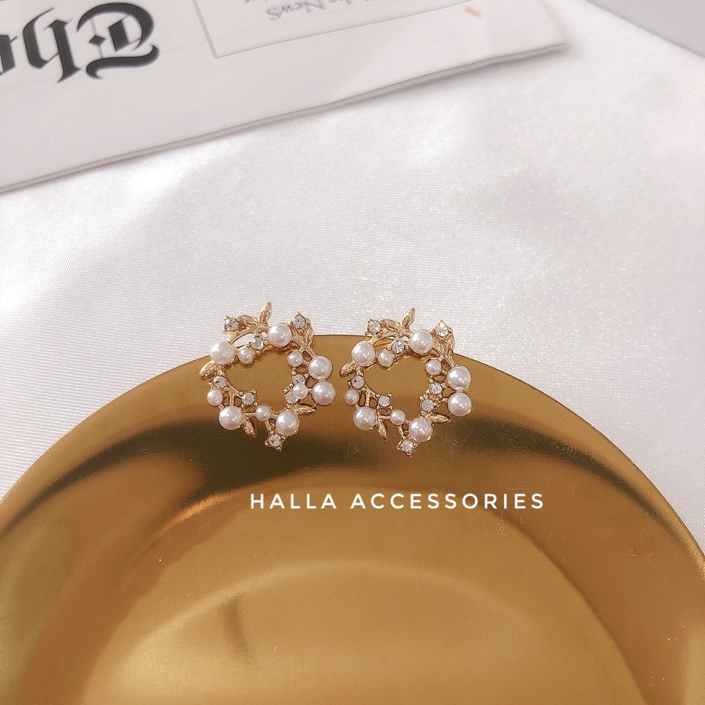 Khuyên tai chuôi bạc S925 Hình hoa nguyệt quế đính đá cao cấp HALLA BT142