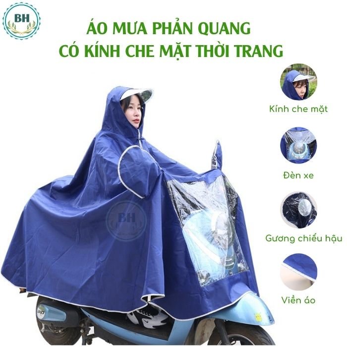 SẴN - Áo Mưa 1 Đầu Phản Quang Vải Dù, Cánh Dơi Có Kính Che Mặt Siêu Dai Chống Thấm Nước