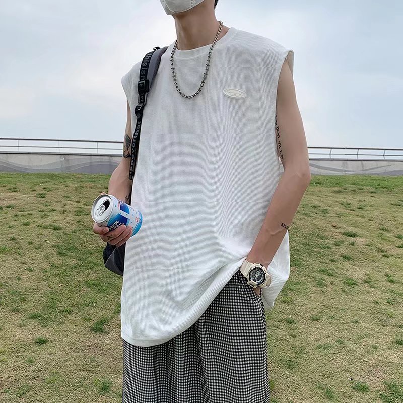 Áo Sweater Dệt Kim Sát Nách Dáng Rộng Màu Sắc Đơn Giản Phong Cách Harajuku Cho Nam