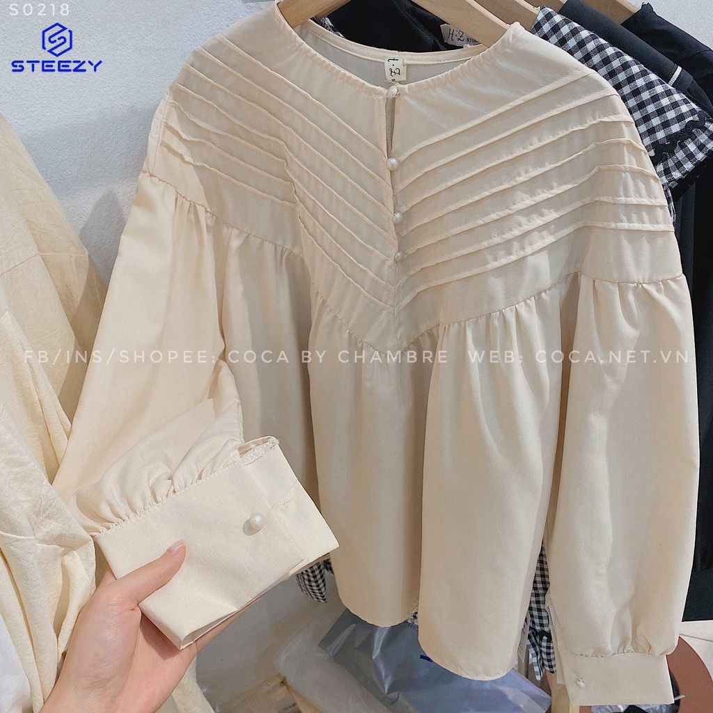 Áo sơ mi thô đũi cổ tròn xếp chéo cúc ngọc form rộng 218 (Có sẵn/Ảnh thật)