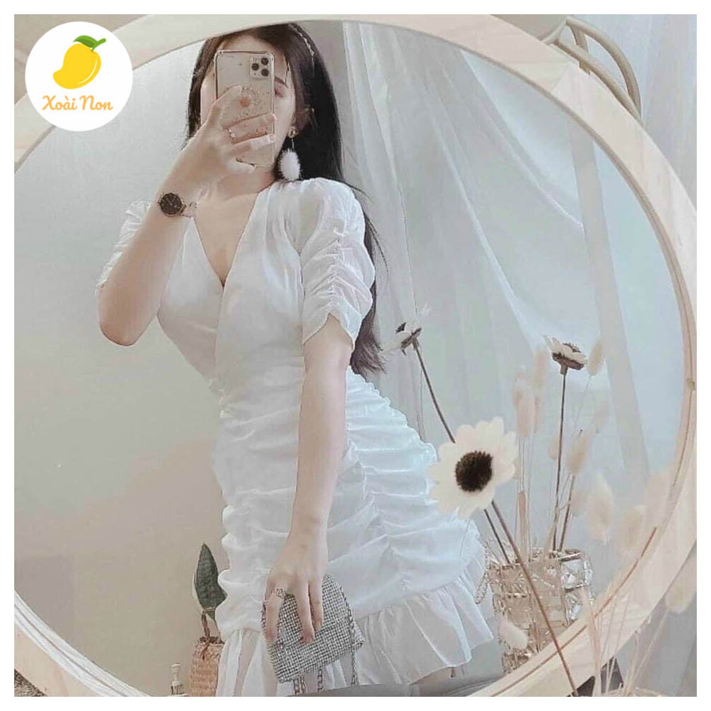 Xoài Non Đầm váy trơn kiểu nhún cổ v duyên dáng siêu xinh tôn dáng cho nàng thời trang dạo phố, dự tiệc