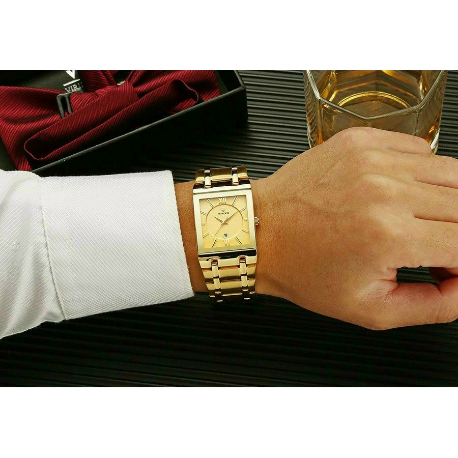 Đồng hồ nam mặt chữ nhật, đồng hồ đeo tay nam chính hãng WWOOR dây kim loại sang trọng, phong cách doanh nhân