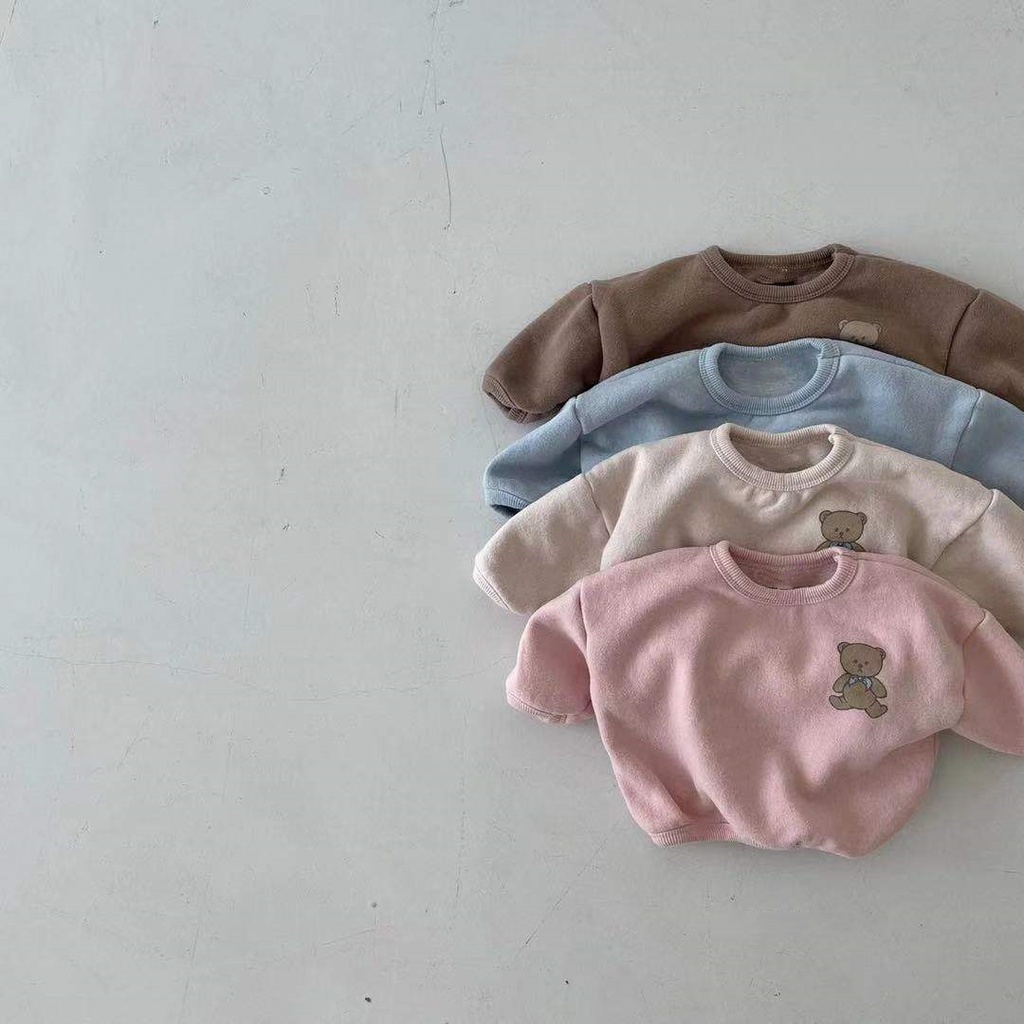Áo sweater dáng rộng cổ tròn họa tiết gấu phong cách Hàn Quốc đơn giản thời trang thu đông cho bé trai và bé gái