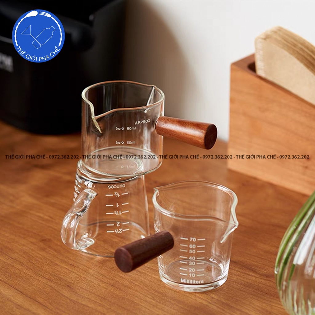 Cốc Đong Cà Phê 70-75ml Có Tay Cầm Gỗ/ Thuỷ Tinh
