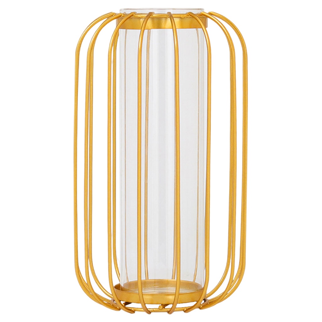 Bình hoa thủy tinh khung sắt màu vàng phong cách Bắc Âu dùng trang trí nhà cửa/văn phòng