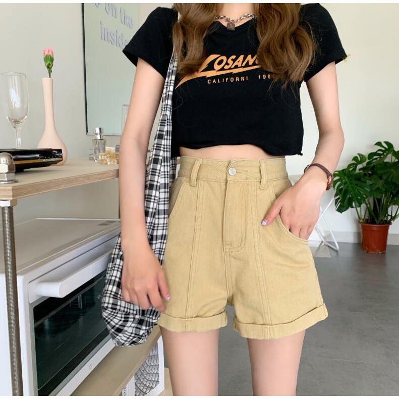 Quần Short Denim Lưng Cao Ống Rộng Màu Sắc Ngọt Ngào Kiểu Dáng Đơn Giản Trẻ Trung | BigBuy360 - bigbuy360.vn