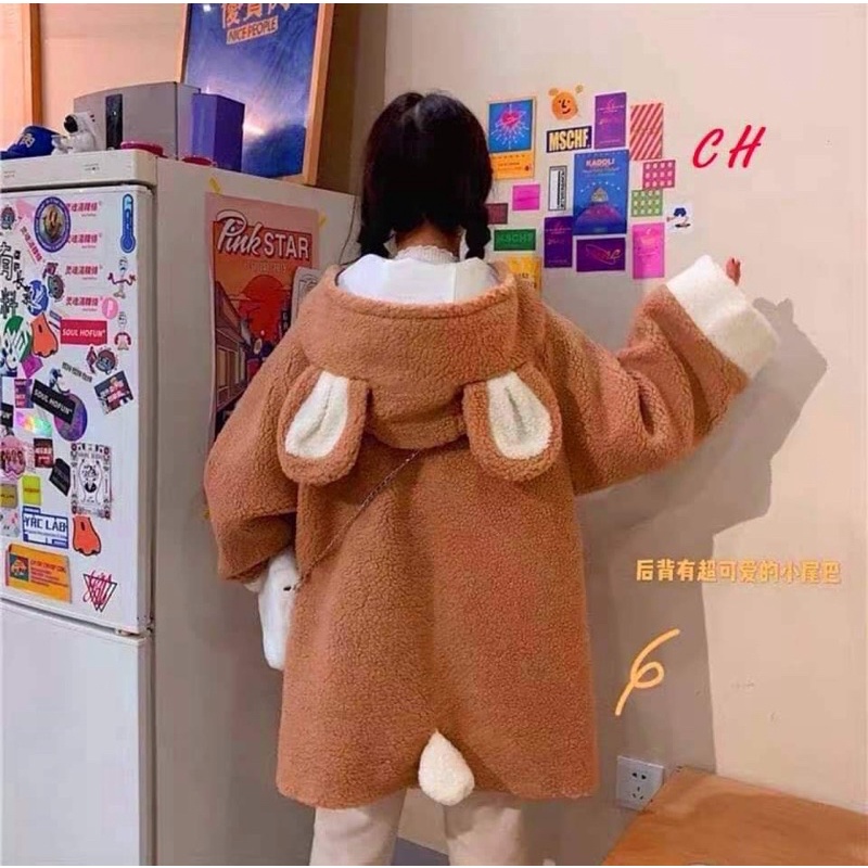 áo khoác lông mũ tai gấu có đuôi nâu cam CH