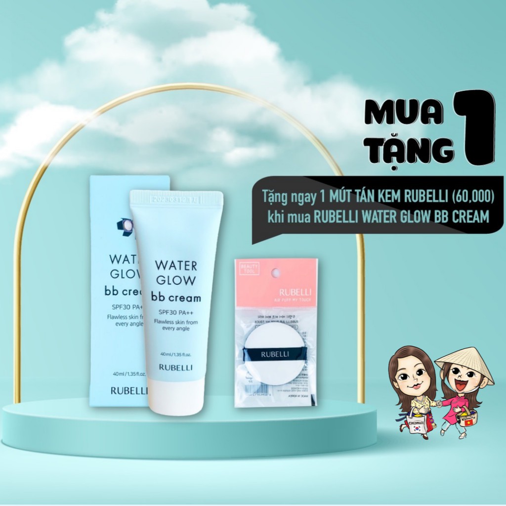 Kem nền Rubelli Water Glow BB Cream SPF30 PA++ Trang Điểm Che Phủ Da Trắng Mịn Màng Coco Mall KBeauty TẶNG 1 MÚT TÁN KEM