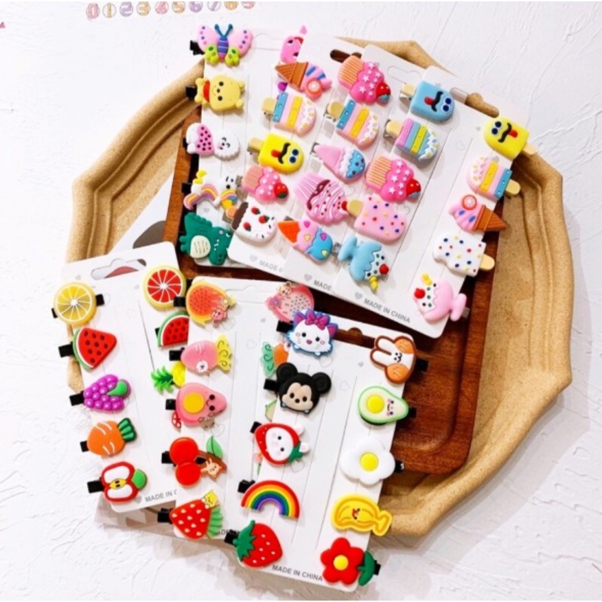 Vỉ 10 kẹp tóc mái hoa quả trái cây chibi hoạt hình cute cho bé gái