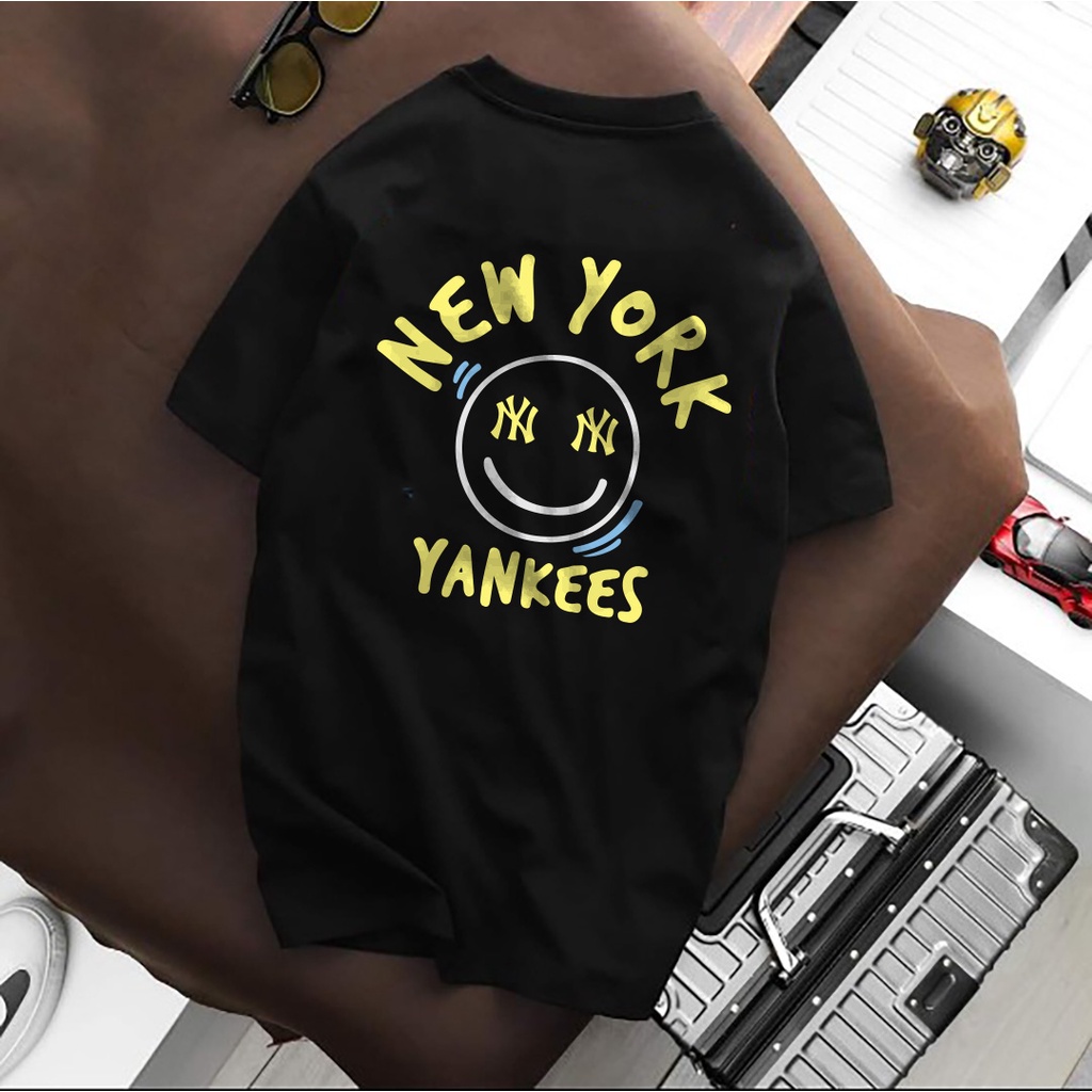 BIGSIZE - Áo thun nam phối tay ngắn form unisex size lớn, bigsize 75kg đến 125kg NEW YORK YANKEES in vàng
