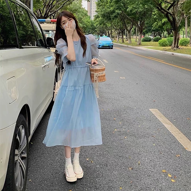 Đầm IELGY ngắn tay chiết eo màu xanh dương/ mơ phong cách Pháp ngọt ngào cho nữ