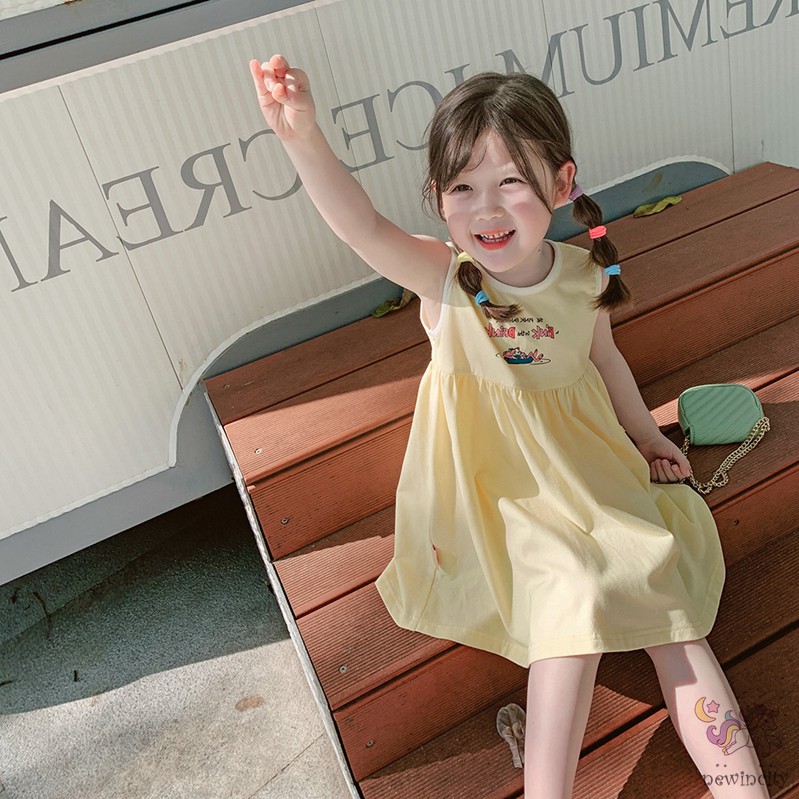 Đầm sát nách in họa tiết hoạt hình phong cách Hàn Quốc thời trang cho bé gái