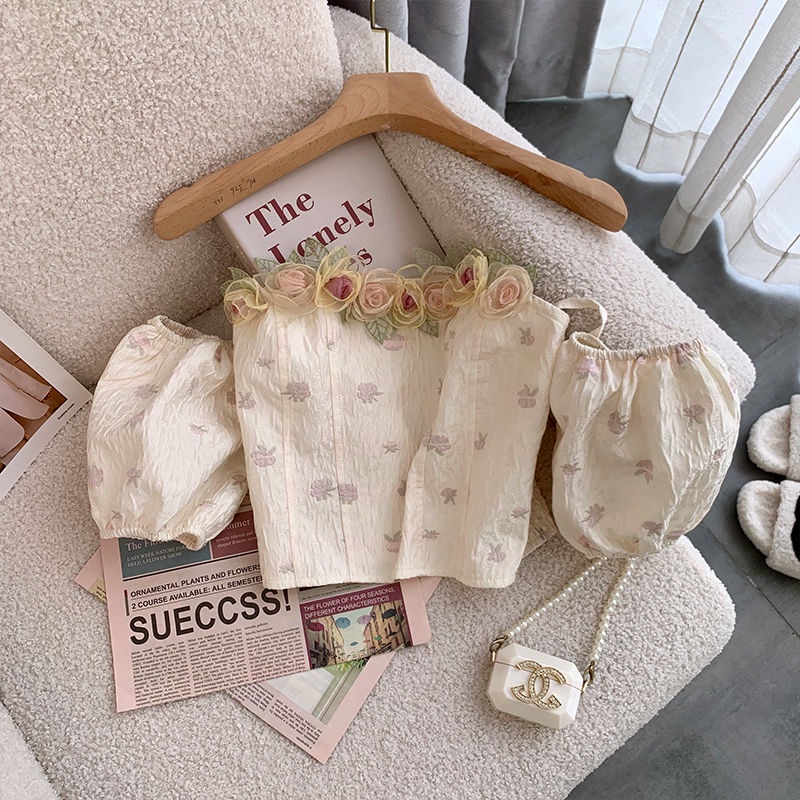 Áo Ống Tay Phồng In Hoa Hồng Khô Cao Cấp Quyến Rũ Phong Cách Pháp