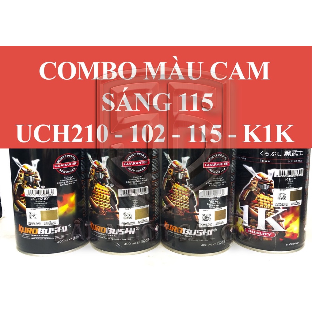 [ COMBO 4 CHAI ] Sơn Samurai màu cam sáng115, lót UCH210 , nền 102 , phủ bóng- K1K